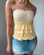 Load image into Gallery viewer, Butter yellow & lace overlay ruffle tube top (XS)