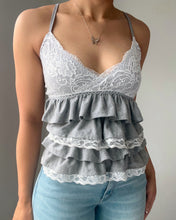 Load image into Gallery viewer, Gray &amp; white lace trim ruffle tank (XS &amp; M)
