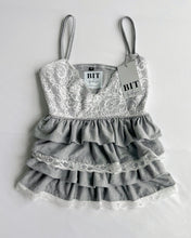 Load image into Gallery viewer, Gray &amp; white lace trim ruffle tank (XS &amp; M)
