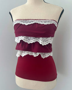 Burgundy and ivory lace ruffle tube top (XXS & XS)