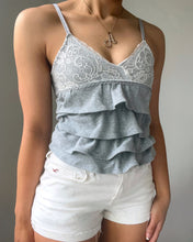 Load image into Gallery viewer, Gray &amp; white lace ruffle tank (XXS)
